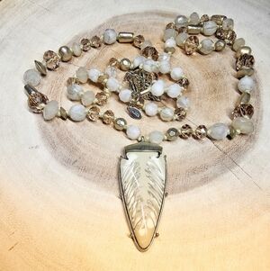 Vintage Chico's faceted smoky crystal white art glass bead necklace with a beige